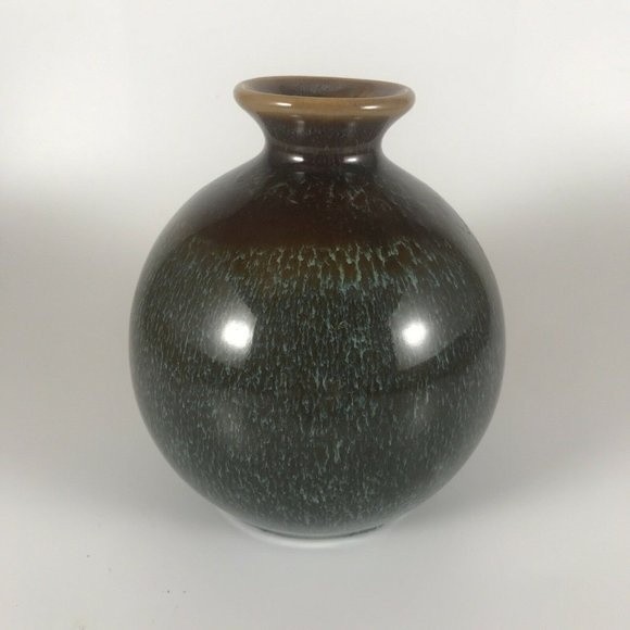 Brown Blue Earthtone Round Bud Vase Pottery - Picture 1 of 6